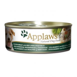 APPLAWS, Pui, Ficat Vită și Legume, conservă hrană umedă câini, (în supă) - 156g