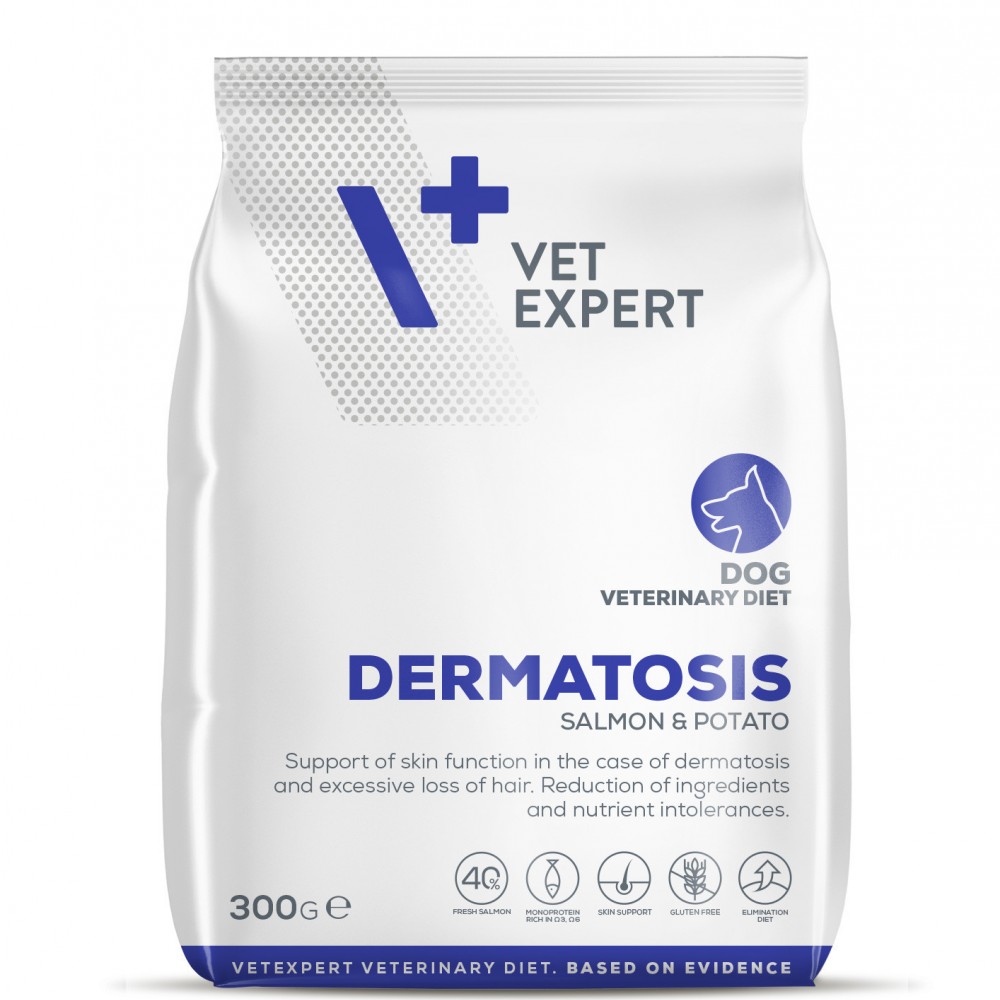 4T DIETA VETERINARA DERMATOSIS DOG VETEXPERT CU CARNE DE SOMON SI CARTOFI, 300 G